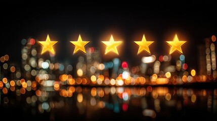 digital interface displaying glowing reviews with five stars and blurred city lights in the background