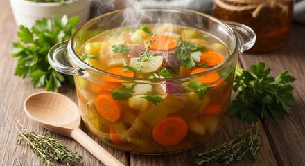 A clear glass pot filled with steaming vegetable soup on a wooden surface, next to a wooden spoon and fresh herbs.