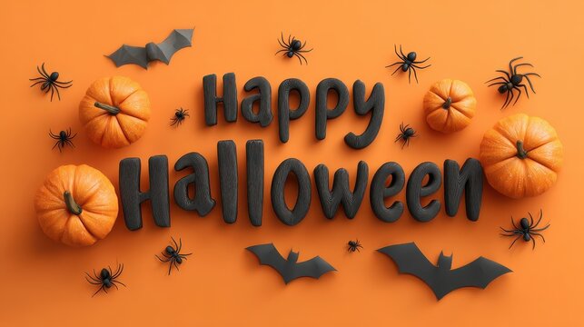 happy halloween 2025 text with 3d pumpkins bats and spiders on warm orange background fun festive