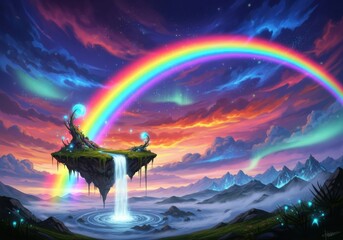 Vibrant rainbow arching over a fantastical floating island with a glowing waterfall in an ethereal sky.