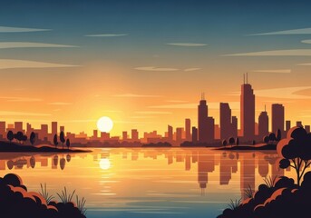 Stylized city skyline reflected in calm water at vibrant sunset or sunrise with modern buildings illustration!