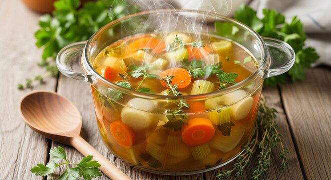 A steaming bowl of vegetable soup sits on a wooden table, accompanied by a wooden spoon and fresh herbs. - Powered by Adobe