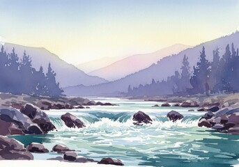 A tranquil watercolor painting depicting a majestic mountain river flowing through a serene pine forest valley at early morning.