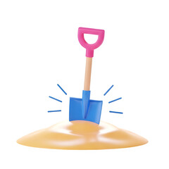Blue shovel stuck in a sand pile, isolated on transparent background