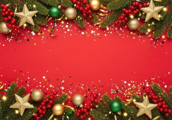 Festive christmas border with ornaments and lights on red background