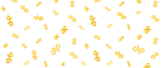 3d flying yellow percent signs discount with blur effect and different angles. Voucher gift. Stock vector illustration on isolated background.