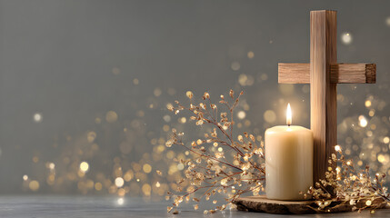 un fondo con luces efecto blur bokeh con una cruz de madera minimalista con una vela o cirio encendido con ramas doradas decorativas elegantes con espacio de copia para invitacion o tarjeta