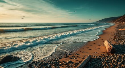 A serene beach scene with gentle waves, a pebble-strewn shore, and distant hills under a vast sky.