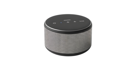 Black Portable Bluetooth Speaker with Silver Grille isolated on a transparent background