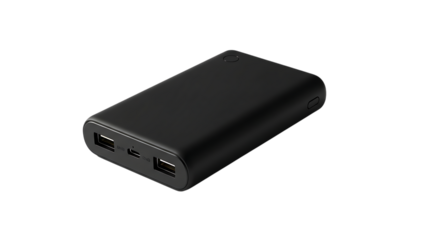 Black Portable Power Bank Charger with USB Ports graphic isolated on a transparent background
