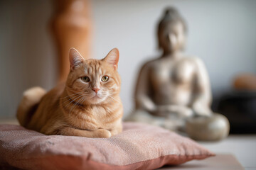 A ginger cat sits calmly on a meditation cushion in front of a Buddha statue