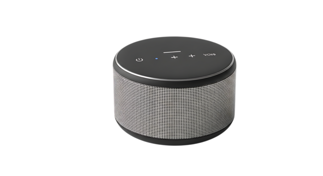 Black Portable Bluetooth Speaker with Silver Grille isolated on a transparent background