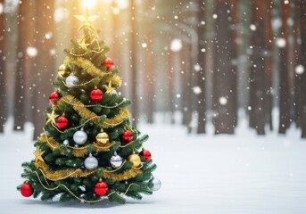 Decorated christmas tree in a snowy forest with falling snow