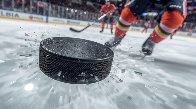 Exciting moment as a hockey puck flies across the ice during a close game