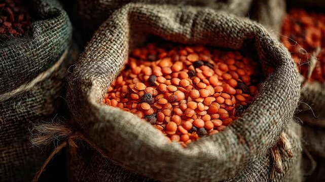 Bright orange lentils in burlap sacks at local market in the early morning sunshine