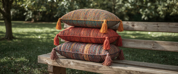 Colorful decorative pillows stacked on a wooden bench in a sunny garden setting