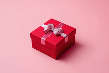 A red square gift box with a glossy ribbon is placed on a pink background in soft studio light