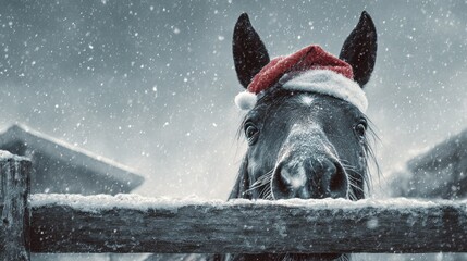 festive horse head peeking above a snowy fence wearing a santa hat in a winter wonderland scene
