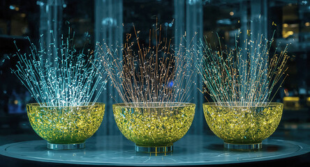 Colorful bowls with sparkling lights create a stunning display in a modern setting