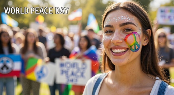 Smiling woman with peace sign face paint at World Peace Day event with copy space - Powered by Adobe