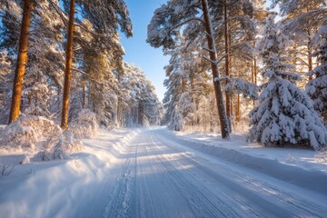 Obraz premium Snow-covered winter forest road with golden sunlight through pine trees, perfect for seasonal greeting cards, travel ads, and peaceful nature backgrounds