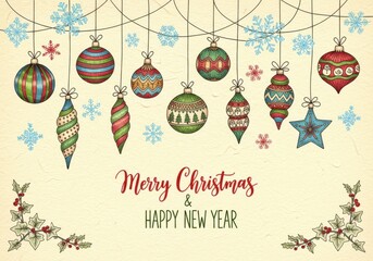 Hand drawn christmas ornaments and snowflakes illustration