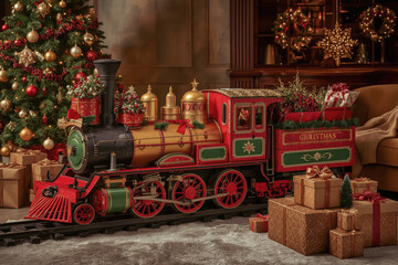 Christmas train decoration in a cozy living room with festive ornaments and gifts