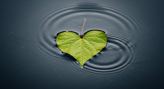 A vibrant green, heart-shaped leaf floats on dark, rippling water, creating concentric circles.