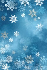 Blue background with falling white snowflakes in various sizes and intricate shapes for festive winter scenes