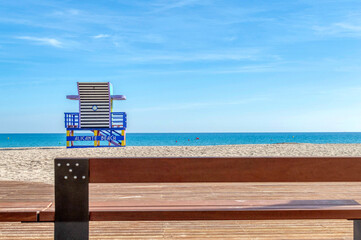 View of San Juan beach with a wooden lifeguard station, Alicante, Spain, Europe