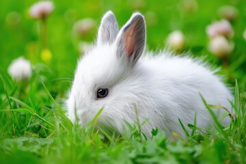 A fluffy white rabbit nestles in fresh green grass under bright daylight outdoors
