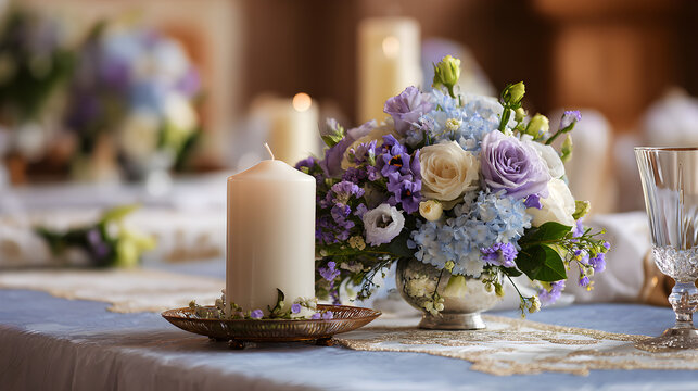 una mesa decorada con un centro de mesa de flores en tonos morados pastel con una vela o cirio decorativo para evento o fiesta social elegante 