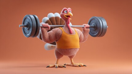 cartoon turkey with muscular physique lifts heavy barbell strong bird wears orange tank top fitness theme funny image thanksgiving or health concept