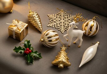 Collection of golden and white christmas ornaments on a textured surface