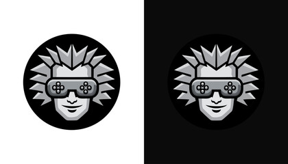 Two versions of a gamer icon, stylized face with controller glasses, on black and white