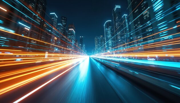 Dynamic night city street features futuristic skyscrapers with fast moving light trails. Bright orange, blue motion blur lines emphasize high speed data transfer, global tech communication, modern
