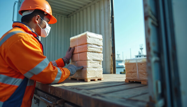 Dock worker in safety gear, face mask loads packed goods into shipping container. Man in hard hat carefully handles freight on pallet at logistic port. Employee works with cargo shipment for
