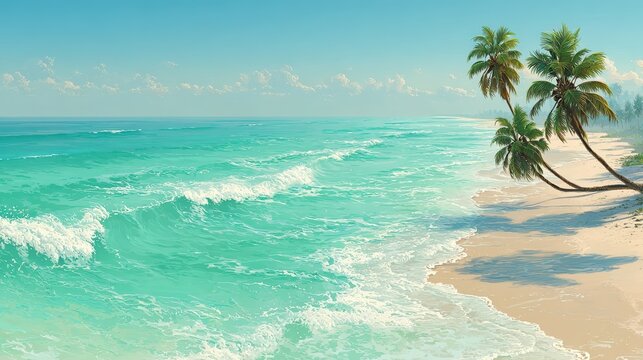 tropical beach with palm trees and turquoise ocean waves - Powered by Adobe