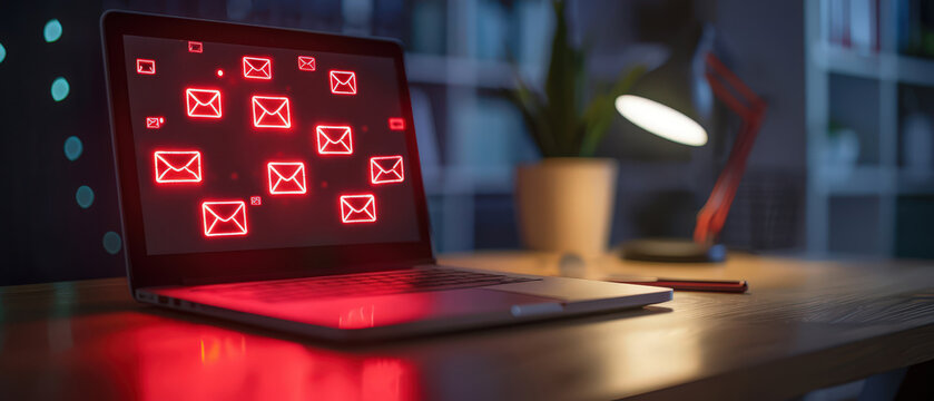 Laptop displaying red digital warning icons representing phishing, spam email, cybersecurity risk, data protection and online security concept.