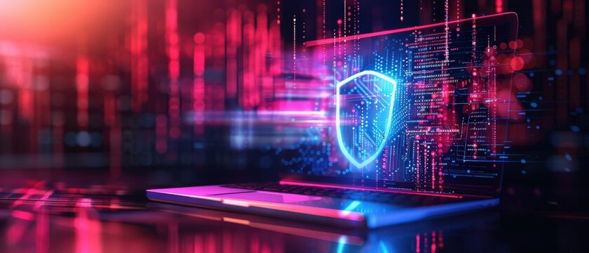 Laptop with holographic cybersecurity shield on glowing digital interface. Concept of data protection, online security, encryption, and cyber defense technology.