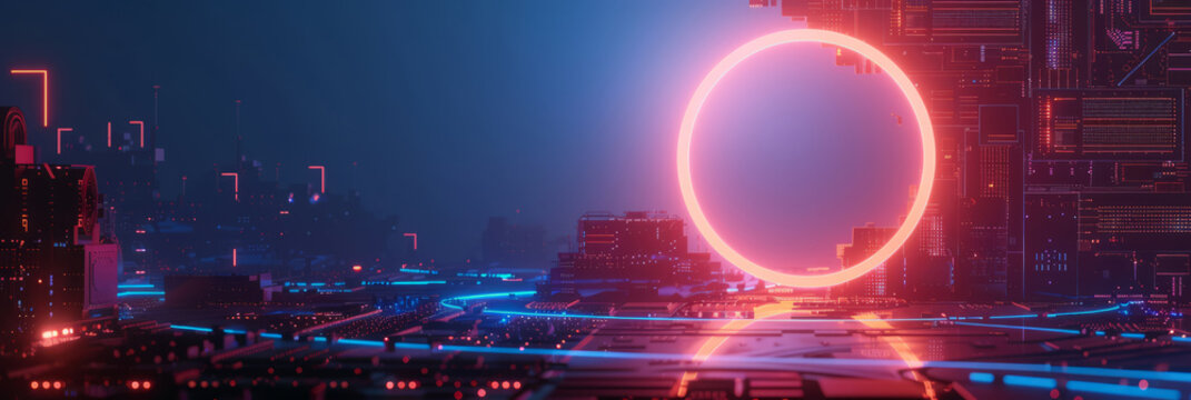 abstract tech background with neon-lit circuit boards, wires, and microchips, set against a dark, gradient blue background.