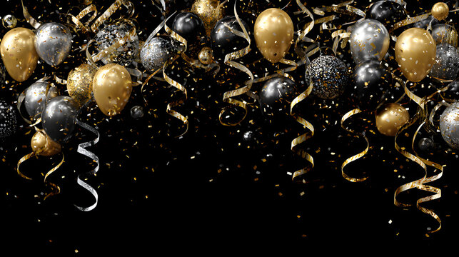 un fondo negro con destellos y globos dorados negros y plateados decorativos con espacio de copia con destellos resplandecientes para tarjeta o plantilla de a&ntilde;o nuevo 