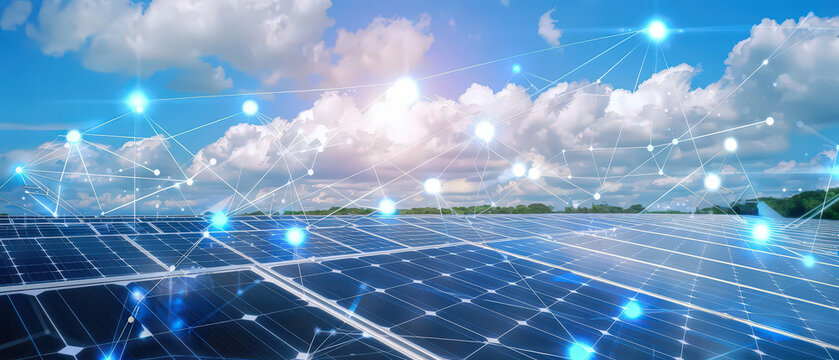 Solar panels reflecting bright sunlight with digital network overlay. Symbol of renewable energy, clean technology, and sustainable power.