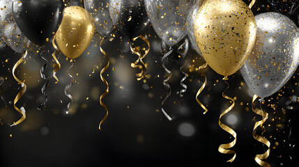 un fondo decorado con globos dorados y plateados con destellos brillantes para plantilla o tarjeta con espacio de copia para la fiesta de año nuevo 