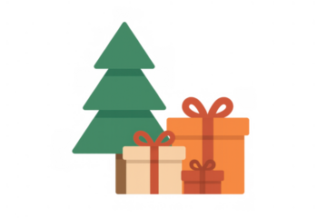 Christmas tree standing with a stack of festive gifts and presents, creating a holiday celebration scene. Transparent background