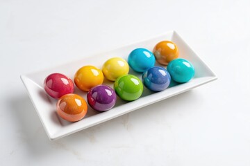 Decorative tray with glossy dyed eggs arranged by rainbow colors on white