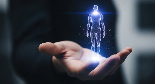Futuristic Human Figure Hologram in Hand Digital Medical Technology Concept