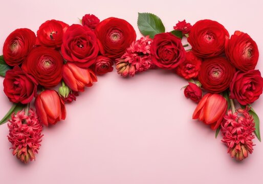 Archway of vibrant red flowers and green leaves on a soft pink background