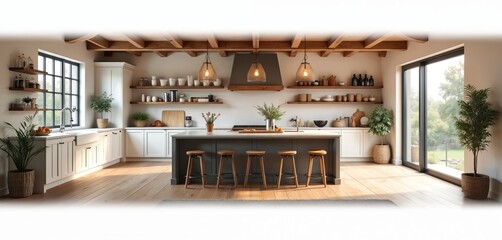 Modern farmhouse kitchen interior with island, stools. Rustic home design wooden beams, open shelves, white cabinets. Stylish house decor combines comfort in bright, spacious room with natural light,