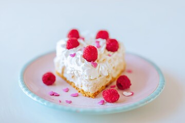 Heart shaped dessert with whipped cream and fresh raspberries on soft pink plate